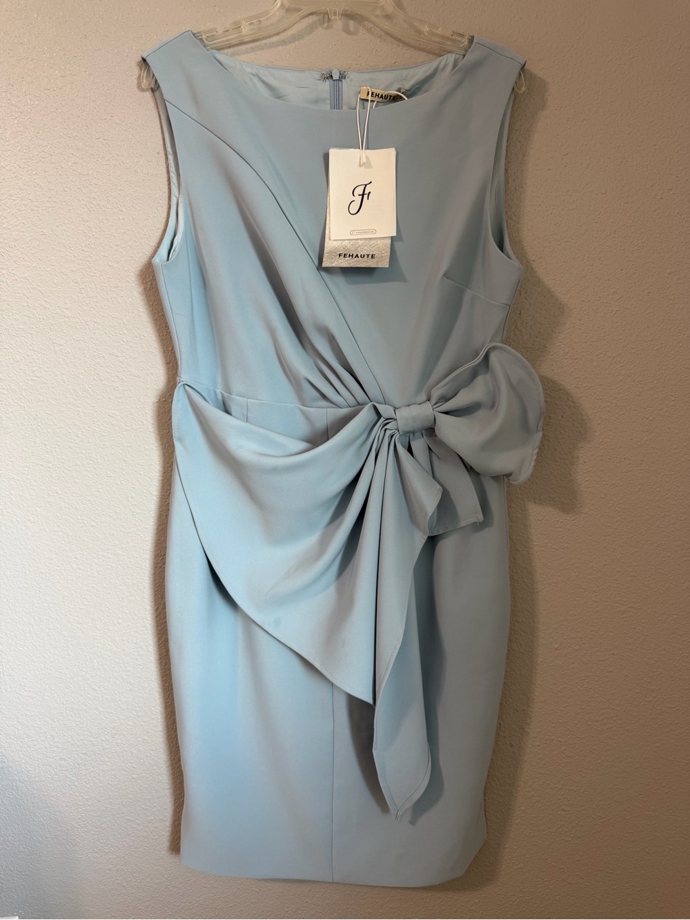 FEHAUTE Light Blue Midi Dress with Draped Bow Accent